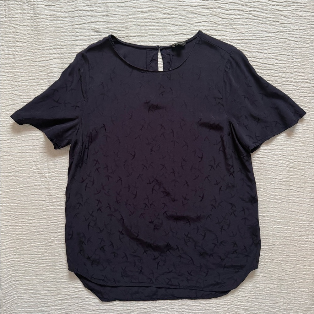 Ann Taylor Midnight Blue Blouse with Bird Textured Design